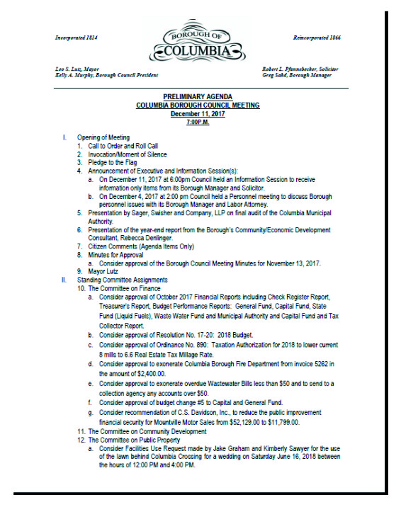 tonights council meeting agenda