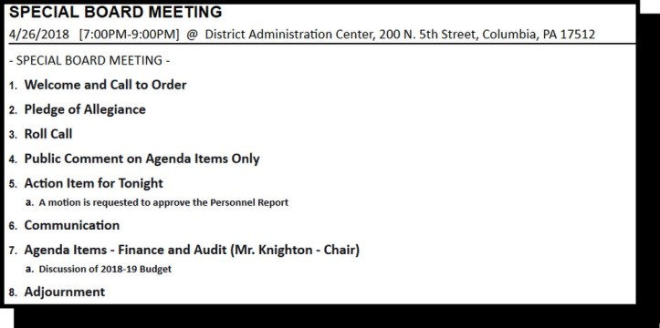school board special meeting
