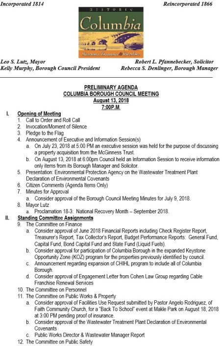 preliminary council agenda