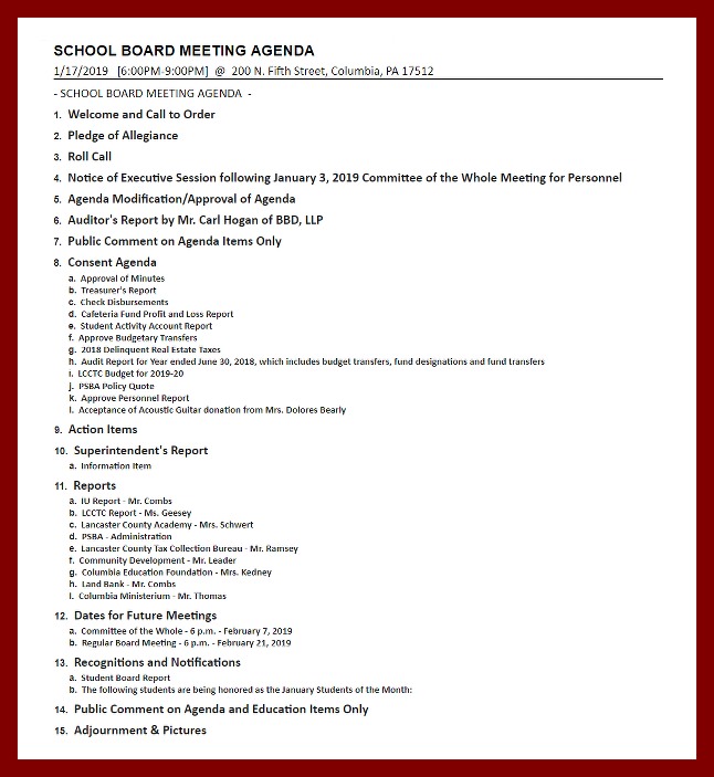 school board agenda